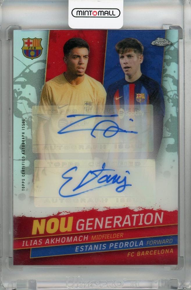 2022-23 FC Barcelona Topps Chrome Nou Generation autograph card of Ilias Akhomach and Estanis Pedrola serial 98/150