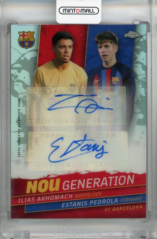 2022-23 FC Barcelona Topps Chrome Nou Generation autograph card of Ilias Akhomach and Estanis Pedrola serial 98/150