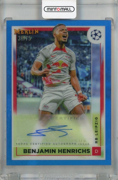 2022-23 Topps Merlin UEFA Benjamin Henrichs Autograph Blue Refractors card number ACBH36/75 from Rb Leipzig