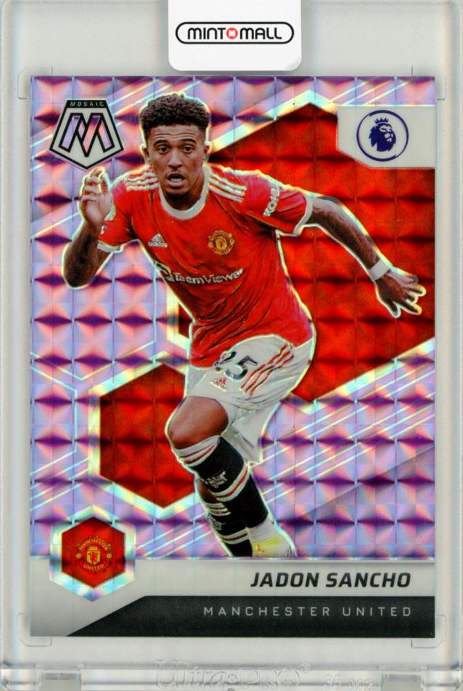 2021-22 Panini Mosaic Premier League Jadon Sancho Purple Prizm trading card numbered 11 of 49