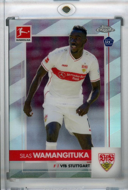 2020-21 Topps Chrome Bundesliga Silas Wamangituka VfB Stuttgart base refractor card with minor back stain