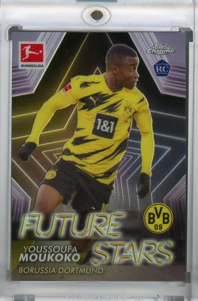 2020-21 Topps Chrome Bundesliga trading card featuring Youssoufa Moukoko from Borussia Dortmund Future Stars set