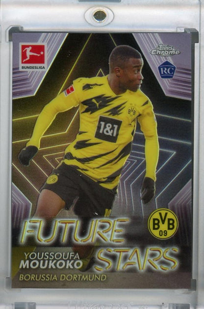 2020-21 Topps Chrome Bundesliga trading card featuring Youssoufa Moukoko from Borussia Dortmund Future Stars set