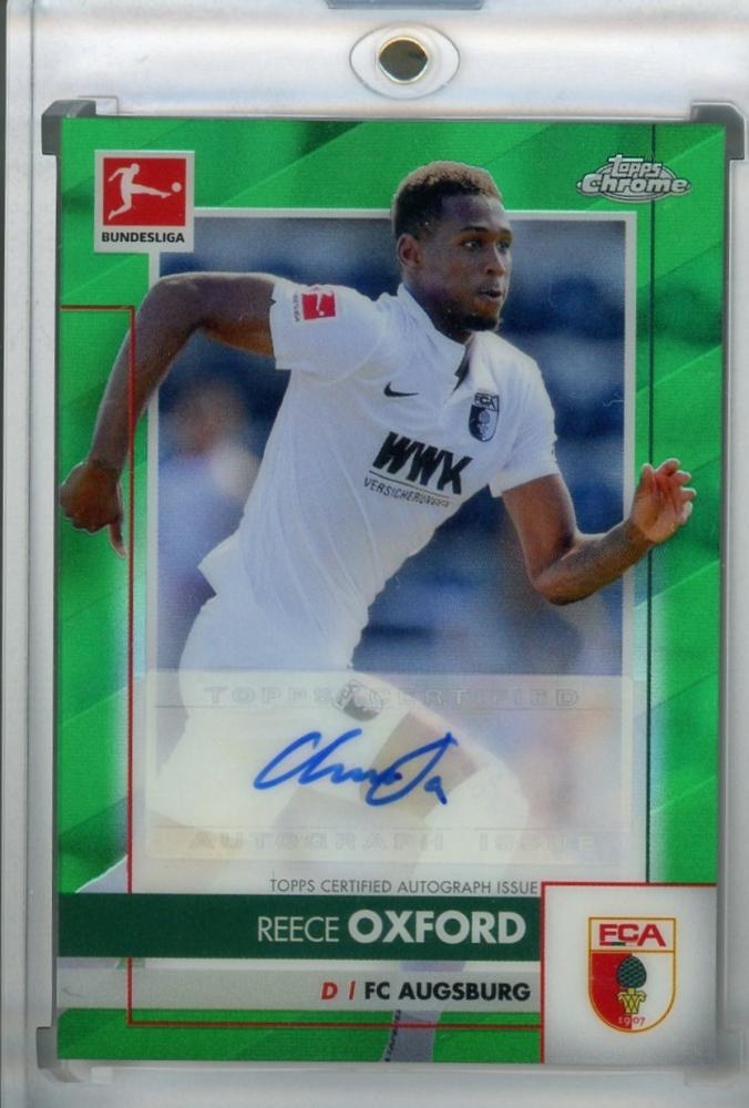 2020-21 Topps Chrome Bundesliga FC Augsburg Reece Oxford Green Parallel autograph card numbered 65 of 99