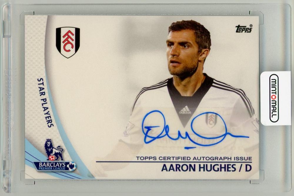 2013-14 Topps Premier Gold Aaron Hughes Autographs SP-AH trading card featuring Fulham player