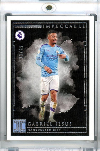 2019-20 Panini Impeccable Premier League Gabriel Jesus Base trading card numbered 21 out of 65 with minor stain on back