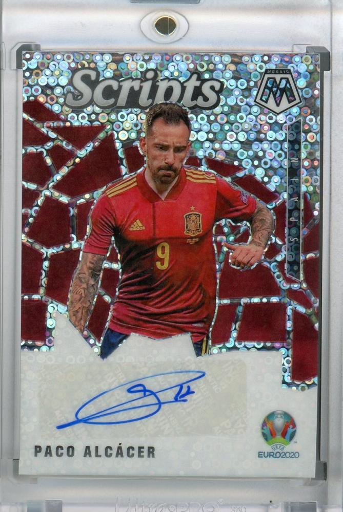 2021 Panini Mosaic UEFA Euro 2020 trading card of Spain's Paco Alcacer with back stain evident