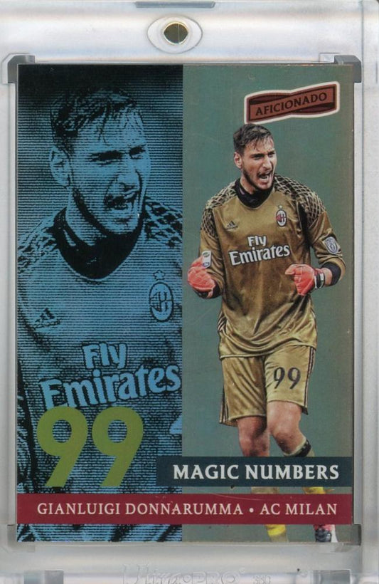 2017 Panini Aficionado trading card featuring AC Milan goalkeeper Gianluigi Donnarumma Magic Numbers