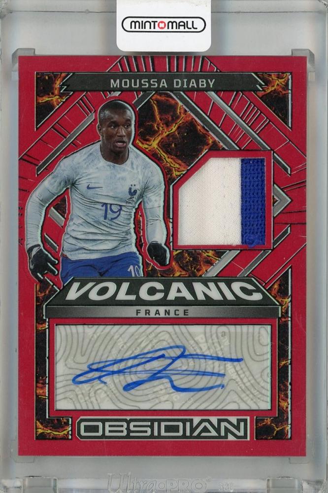 2022-23 Panini Obsidian Moussa Diaby Volcanic Material Signatures Red Flood card serial #13 with minor back stain