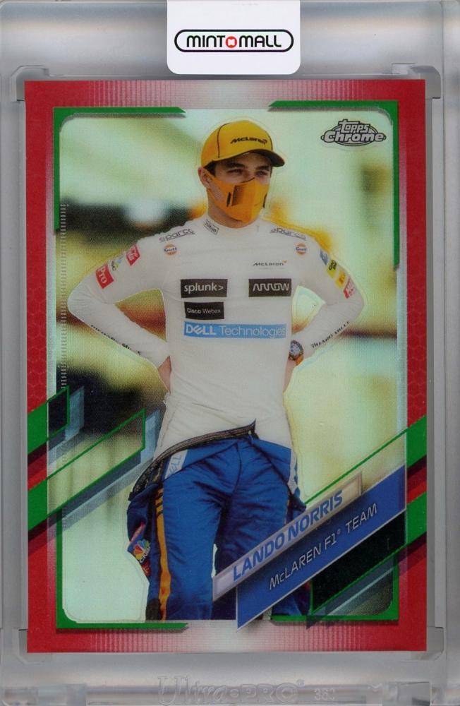 2021 Topps Chrome Formula 1 Lando Norris Red Green Refractors trading card #52 with visible scratches
