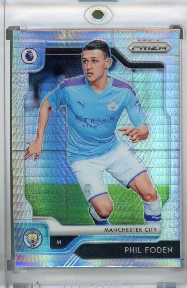 2019-20 Panini Prizm Premier League Manchester City Phil Foden Base Hyper trading card with minor stain on back