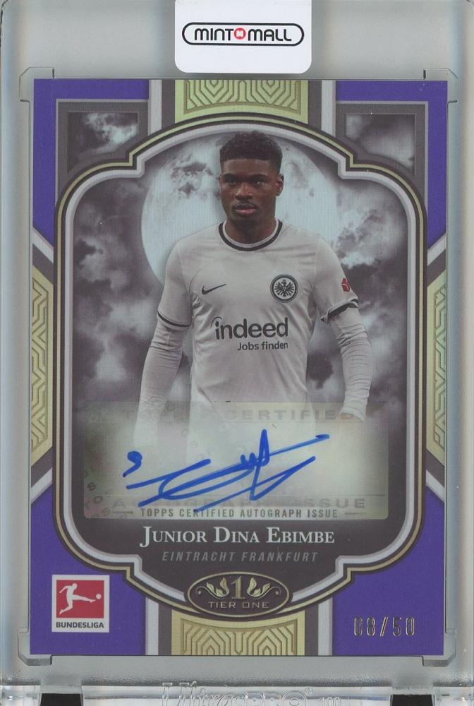 2022-23 Topps Tier One Bundesliga Soccer card featuring Junior Dina Ebimbe Scarecrow Autograph Purple 08/50 Eintracht Frankfurt