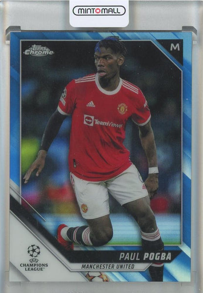 2021-22 Topps Chrome UEFA Champions League Paul Pogba Blue Refractors card serial numbered 155028 out of 150