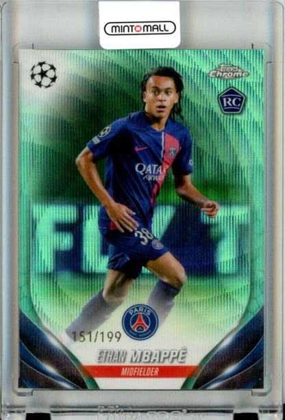 2023-24 Topps Chrome UEFA Club Competitions Ethan Mbappe #91 RC Aqua Wave Refractor card 151/199 Paris Saint-Germain