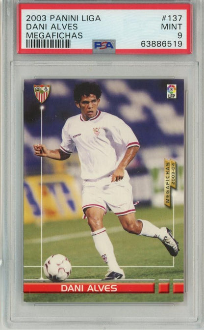 2003 Panini Liga Dani Alnes Megafichas trading card #137 graded PSA9 with minor stain on back