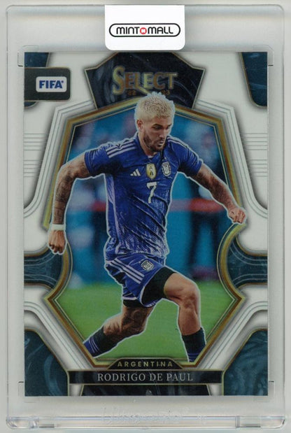 2022-23 Panini Select FIFA Rodrigo de Paul Mezzanine White Parallels card numbered 16 out of 20