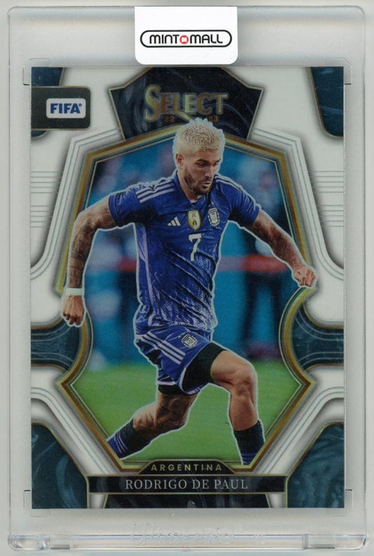 2022-23 Panini Select FIFA Rodrigo de Paul Mezzanine White Parallels card numbered 16 out of 20