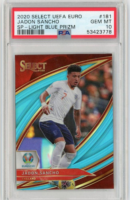 2020 Panini Select UEFA Euro Preview Jadon Sancho England Blue Base Nameplate Card PSA 10