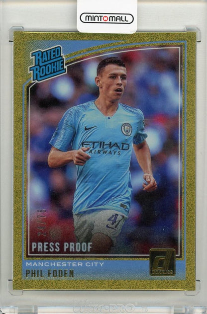 2018-19 Panini Donruss Soccer Phil Foden Gold Press Proof trading card numbered 24 of 75