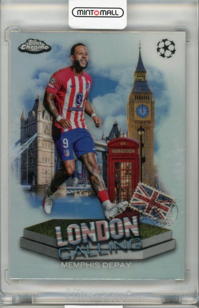 2023-24 Topps Chrome Memphis Depay Atletico Madrid trading card showing player in team kit