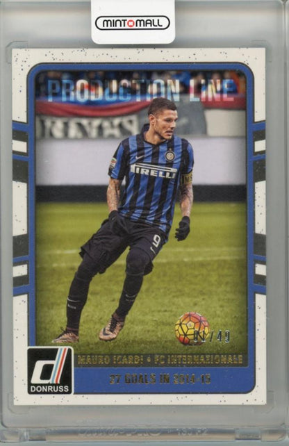 2016-17 Panini Donruss football card featuring Mauro Icardi of FC Internazionale serial numbered 01 of 49