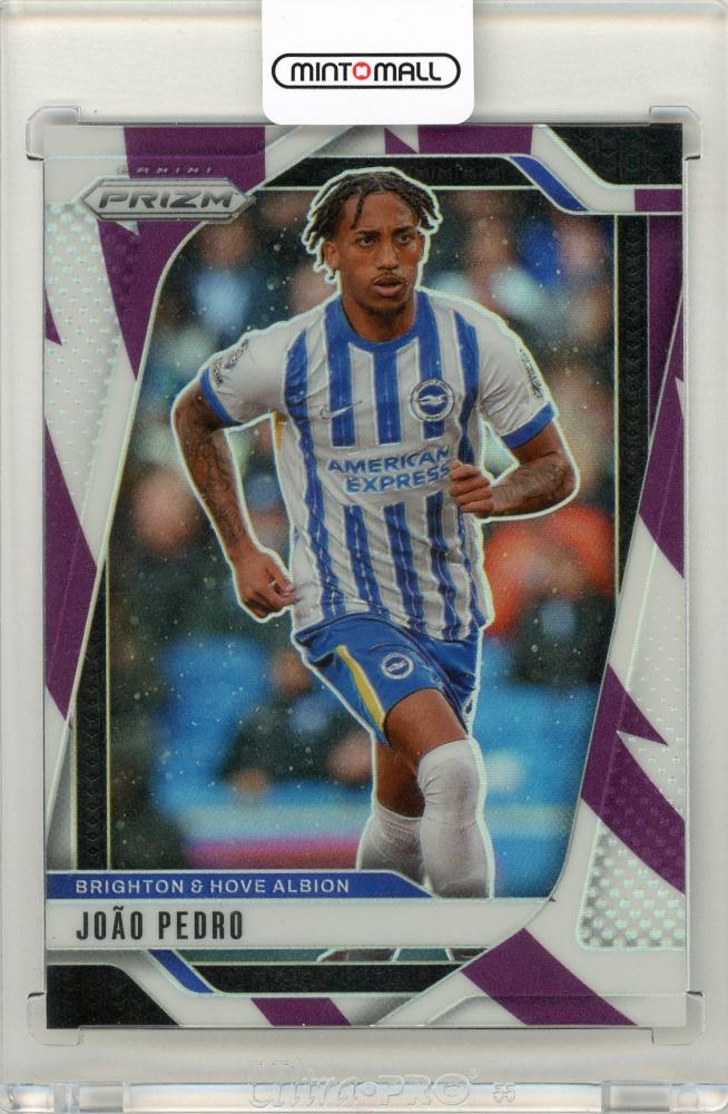 2024-25 Panini Prizm Premier League Joao Pedro trading card with purple and white stripes, serial numbered 11 of 92
