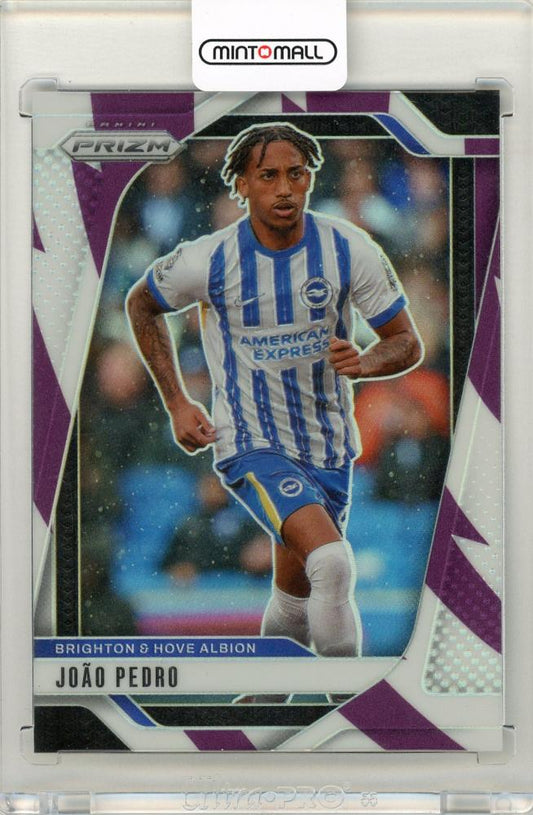 2024-25 Panini Prizm Premier League Joao Pedro trading card with purple and white stripes, serial numbered 11 of 92