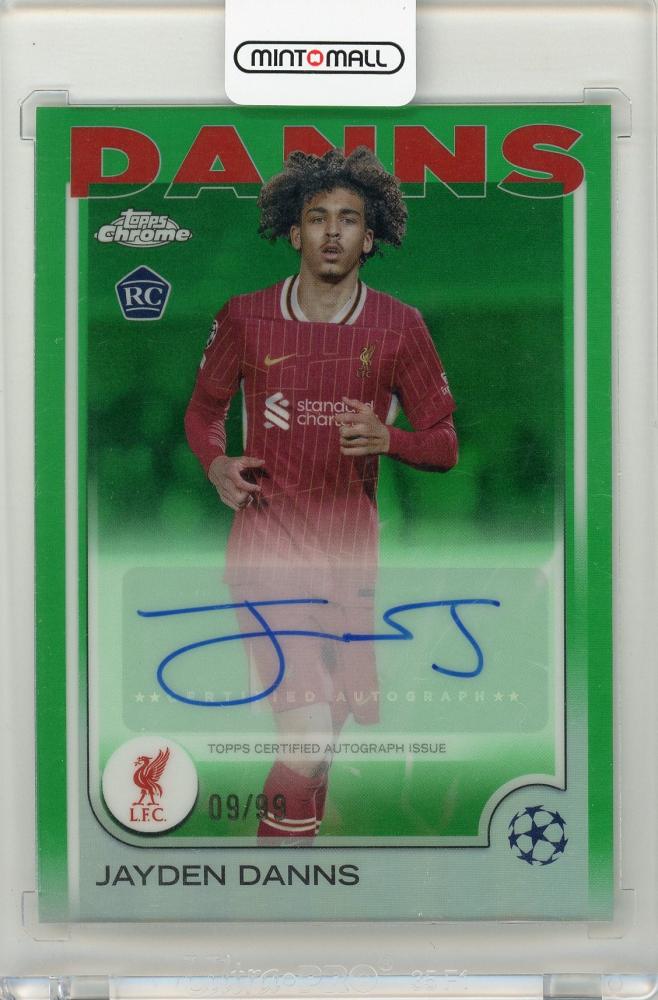 2024-25 Topps Chrome UEFA Club Competitions Jayden Danns Green Refractors autograph card serial 09 of 99 Liverpool FC
