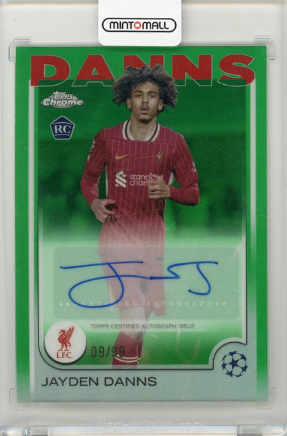 2024-25 Topps Chrome UEFA Club Competitions Jayden Danns Green Refractors autograph card serial 09 of 99 Liverpool FC