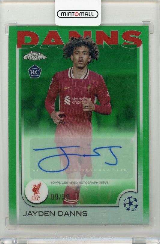 2024-25 Topps Chrome UEFA Club Competitions Jayden Danns Green Refractors autograph card serial 09 of 99 Liverpool FC