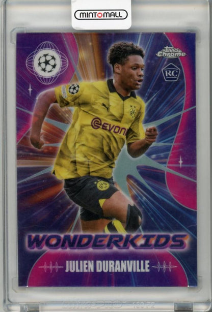 2023-24 Topps Chrome Julien Duranville Borussia Dortmund trading card featuring player image and stats