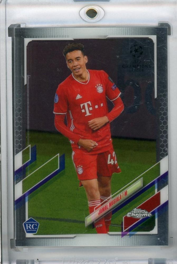 2020-21 Topps Chrome UEFA Champions League trading card featuring Jamal Musiala of FC Bayern Munchen