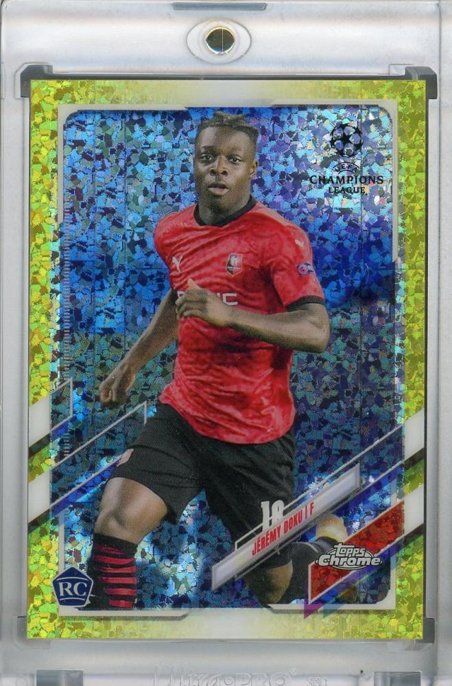 2020-21 Topps Chrome UEFA Champions League trading card of Jeremy Doku Yellow Mini-Diamond parallel number 207 of 299