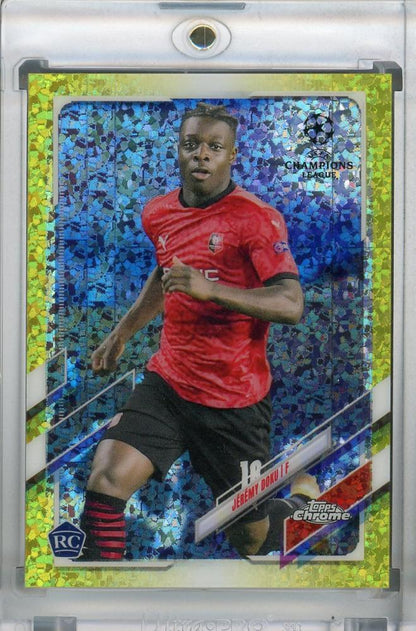2020-21 Topps Chrome UEFA Champions League trading card of Jeremy Doku Yellow Mini-Diamond parallel number 207 of 299