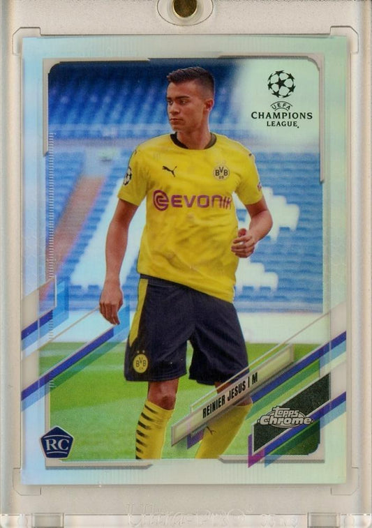 2020-21 Topps Chrome UEFA Champions League Reinier Jesus Refractors RC #93 trading card with minor stain on back
