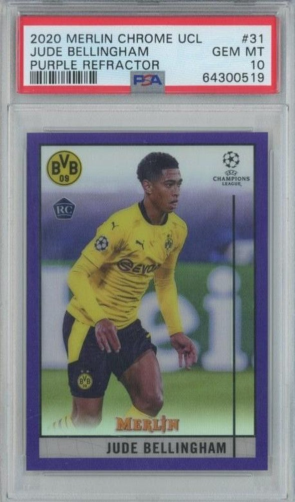 2020 Merlin Chrome UCL Jude Bellingham rookie card purple refractors graded PSA10 Borussia Dortmund