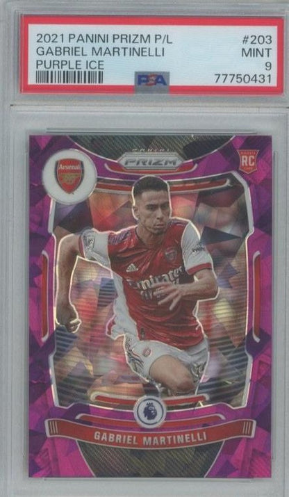2021 Panini Prizm Premier League Gabriel Martinelli RC Purple Ice card graded PSA9, serial 07/49, Arsenal