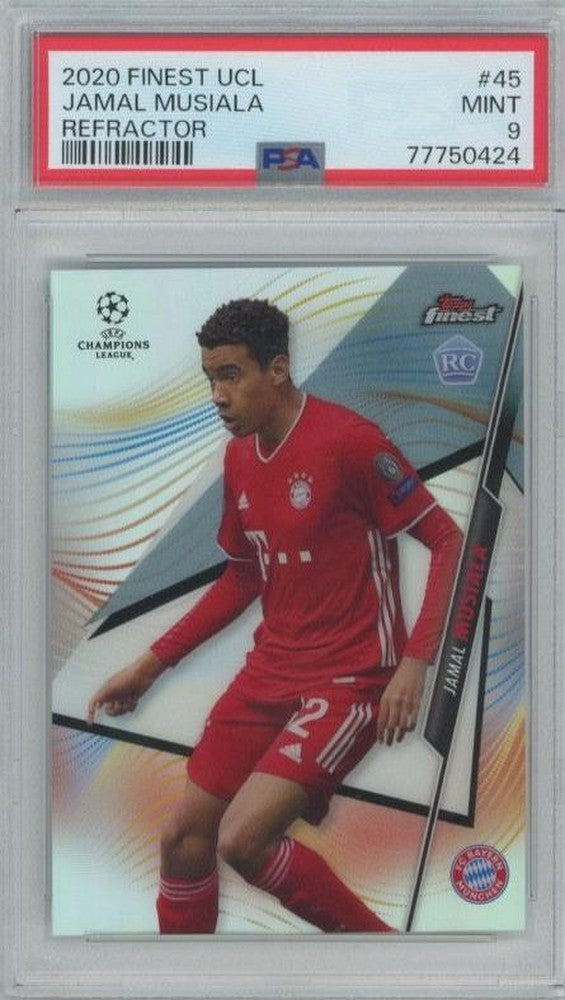 2020 Topps Finest UCL Jamal Musiala RC Refractors trading card graded PSA9 showcasing FC Bayern Munchen