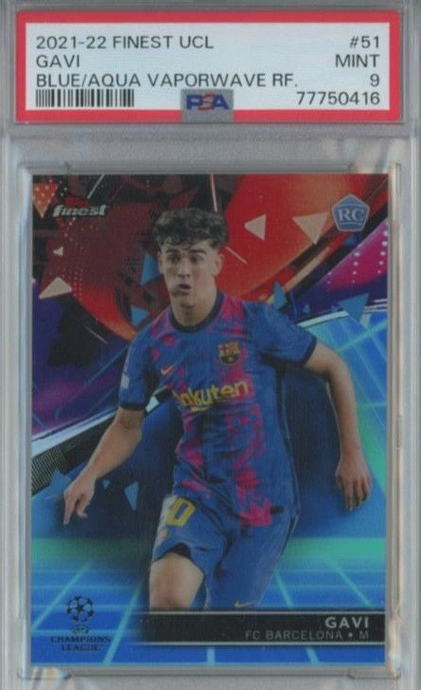 2021-22 Topps Finest UCL Gavi Blue/Aqua Vapor Wave Refractor trading card graded PSA9 featuring FC Barcelona