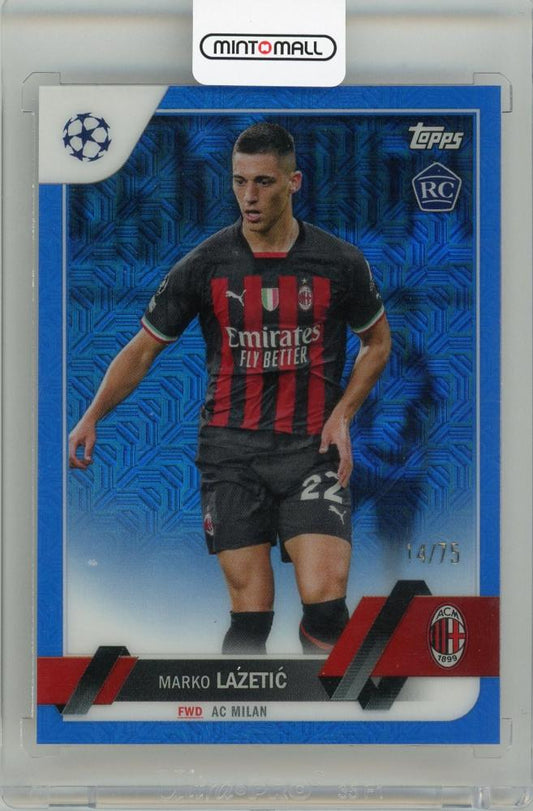 2022-23 Topps Chrome UEFA Club Competitions Marko Lazetic Blue Mojo Refractor card numbered 14 of 75 featuring AC Milan