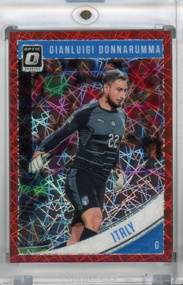 2018-19 Donruss Italy Gianluigi Donnarumma Base Optic Red Velocity parallel card numbered 36 of 50