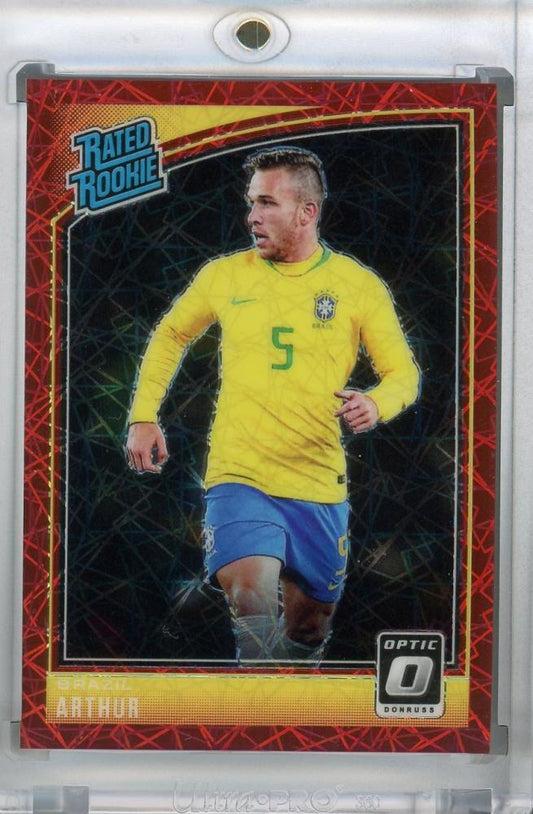 2018-19 Donruss Brazil Arthur Rated Rookie Base Optic Red Velocity parallel card serial number 21 of 50
