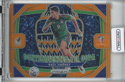 2024 Panini Prizm Copa America Raul Jimenez soccer card serial number 267/25 with orange prizm design