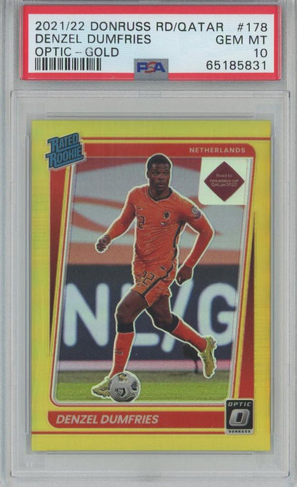 2021-22 Donruss Soccer Road to Qatar Deznzel Dumfries Base RC Gold card graded PSA10 serial 1781 Netherlands