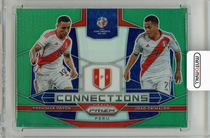 2024 Panini Prizm Copa America Soccer Green Prizms card of Joao Grimaldo and Yoshimar Yotun, serial number 4/5 from Peru