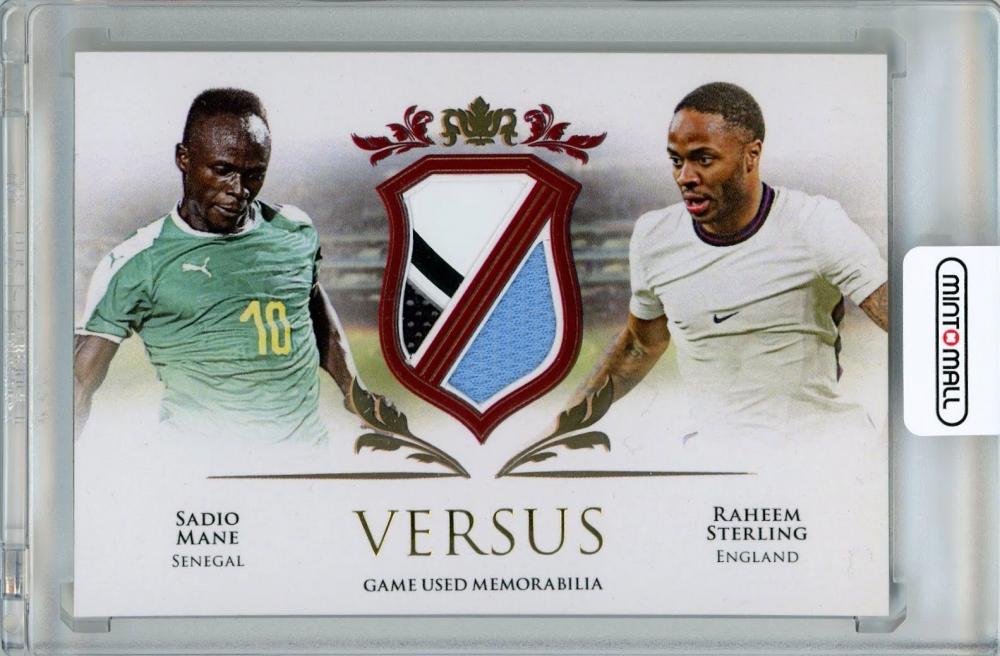 2021-22 FUTERA Unique Sadio Mane and Raheem Sterling Versus Duo Relic Ruby card serial number 01 of 07