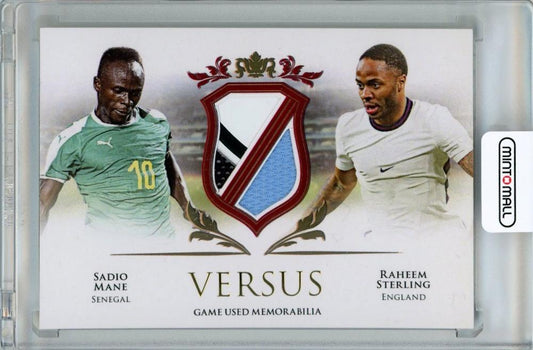 2021-22 FUTERA Unique Sadio Mane and Raheem Sterling Versus Duo Relic Ruby card serial number 01 of 07