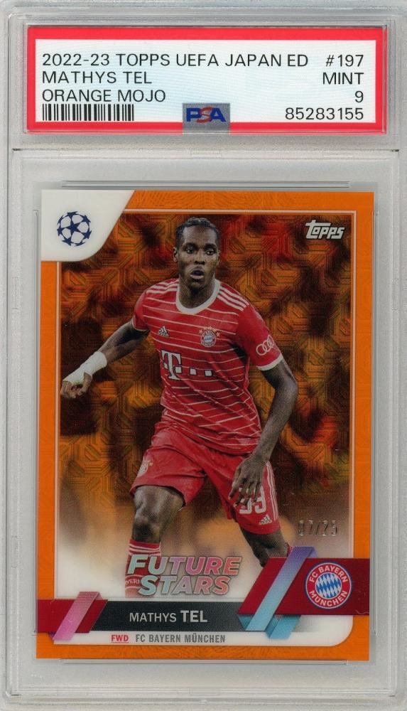 2022-23 TOPPS UEFA Champions League Japan Edition Mathys Tel Future Stars Orange Mojo #197 trading card PSA9 Mint