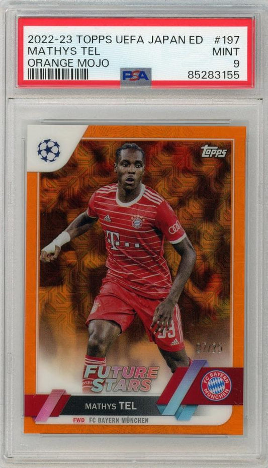 2022-23 TOPPS UEFA Champions League Japan Edition Mathys Tel Future Stars Orange Mojo #197 trading card PSA9 Mint