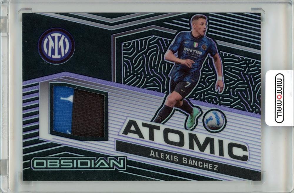 2021-22 PANINI Obsidian Soccer Alexis Sanchez Atomic Material Purple Limited Edition card numbered 74 of 75